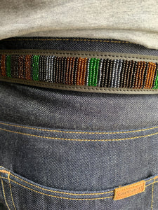 Camo Stripes Black Beaded Leather Belt