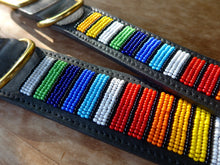 Load image into Gallery viewer, Rainbow Stripes Beaded Black Leather Dog Collar