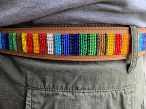 Rainbow Stripes Light Tan Beaded Leather Belt