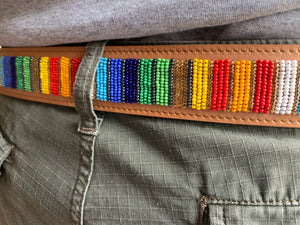 Rainbow Stripes Light Tan Beaded Leather Belt