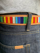 Load image into Gallery viewer, Rainbow Stripes Light Tan Beaded Leather Belt