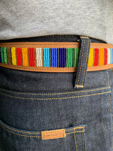 Rainbow Stripes Light Tan Beaded Leather Belt