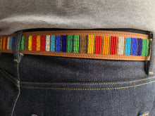 Load image into Gallery viewer, Rainbow Stripes Light Tan Beaded Leather Belt