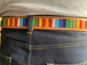 Rainbow Stripes Light Tan Beaded Leather Belt