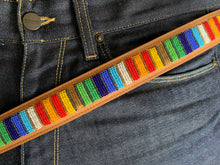 Load image into Gallery viewer, Rainbow Stripes Light Tan Beaded Leather Belt